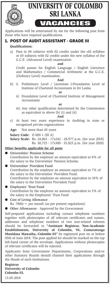 Audit Assistant - University of Colombo Jobs Vacancies