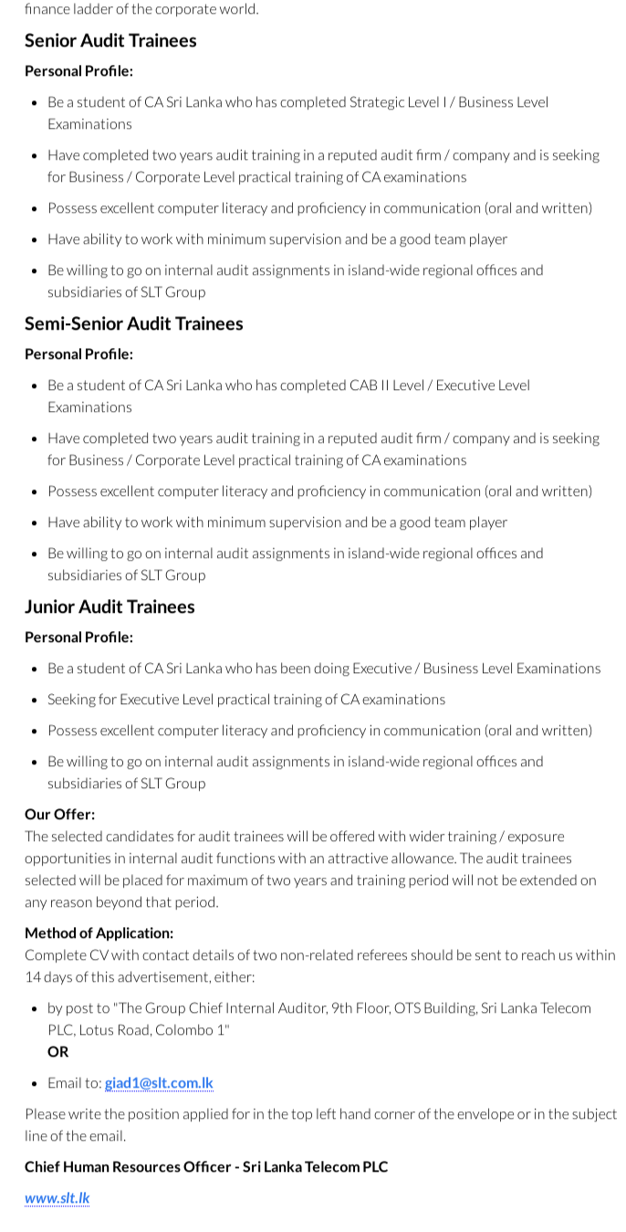 Audit Trainees Vacancies in Sri Lanka Telecom PLC