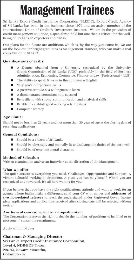 Management Trainees - Sri Lanka Export Credit Insurance Corporation