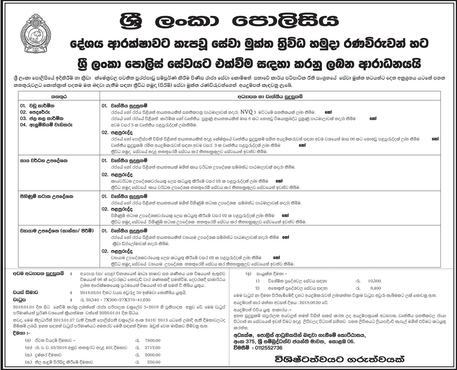 Technical Officer / Store Keeper / Quantity Surveyor / Draughtsman - Sri Lanka Police