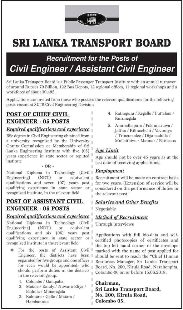 Sri Lanka Transport Board Civil Engineer, Assistant Civil Engineer Jobs Vacancies Application Form