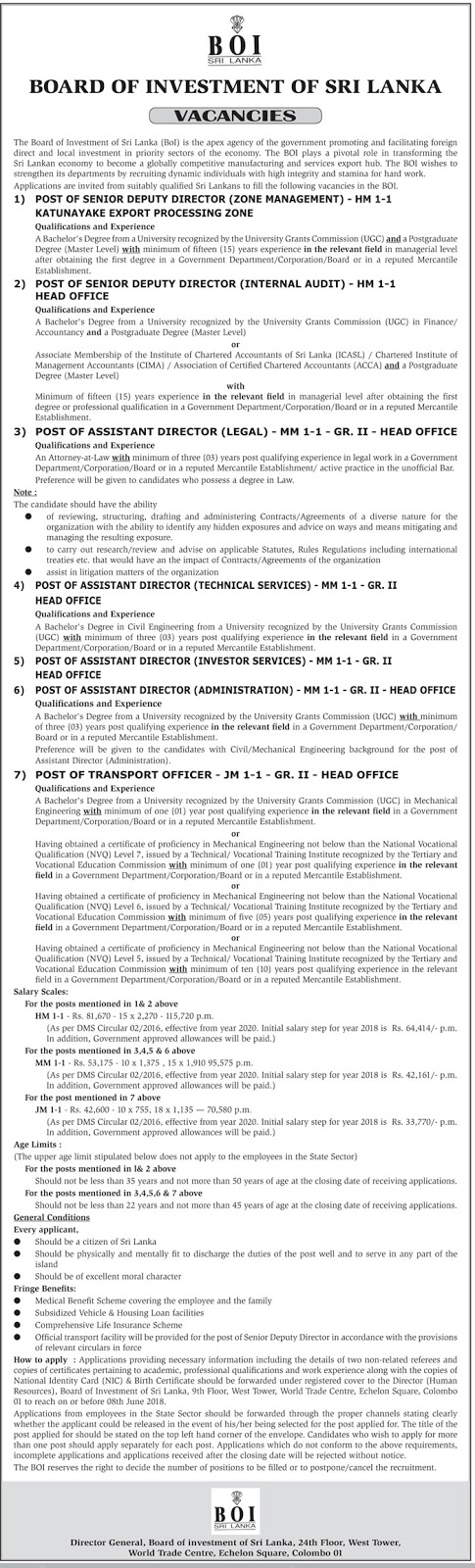 Transport Officer / Senior Deputy Director / Assistant Director - Board of Investment of Sri Lanka Jobs Vacancies