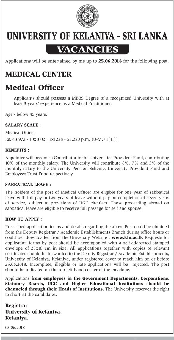 Medical Officer Vacancy - University of Kelaniya Jobs Vacancies