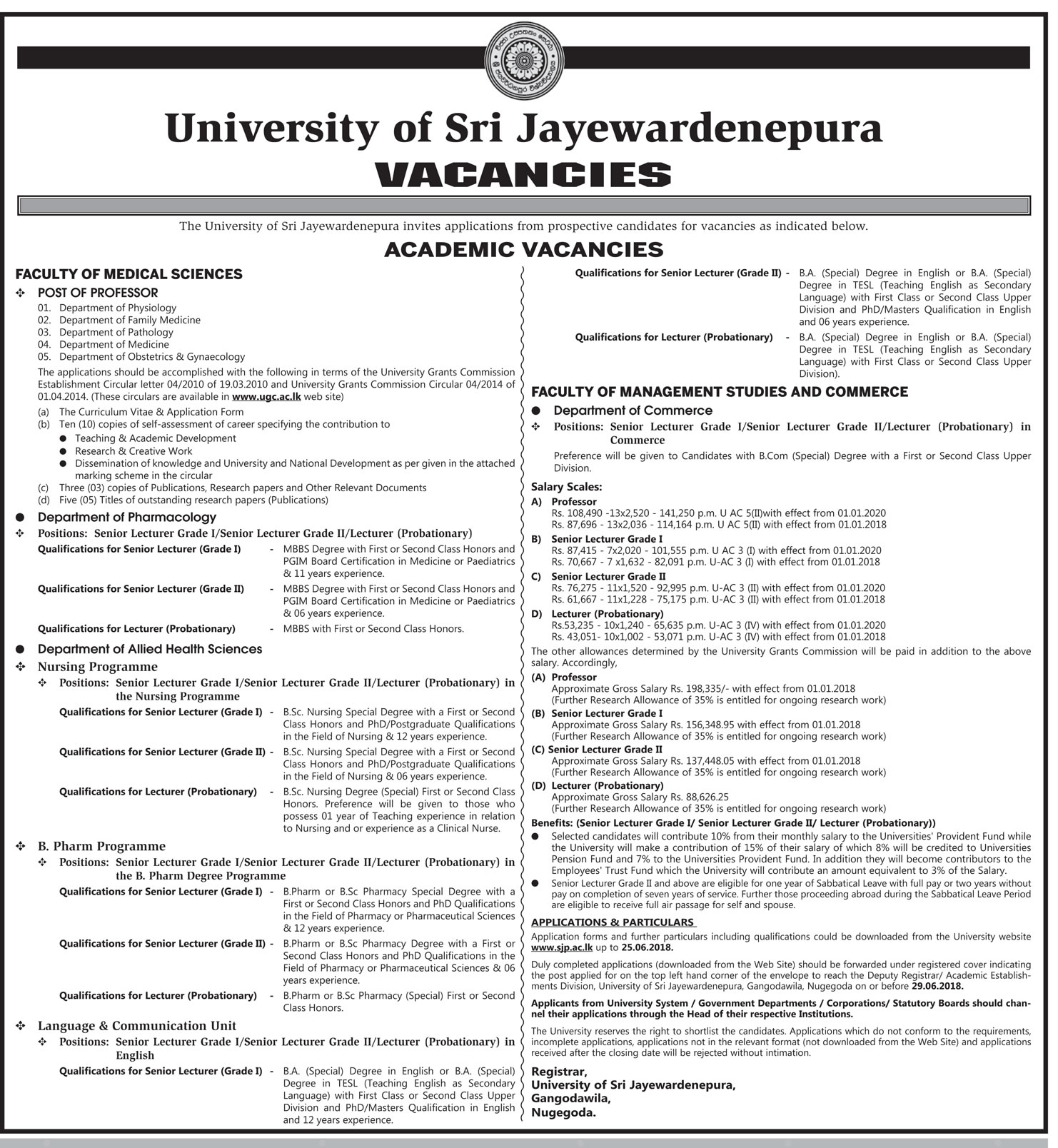 Professor / Senior Lecturer / Lecturer (Probationary) - University of Sri Jayewardenepura