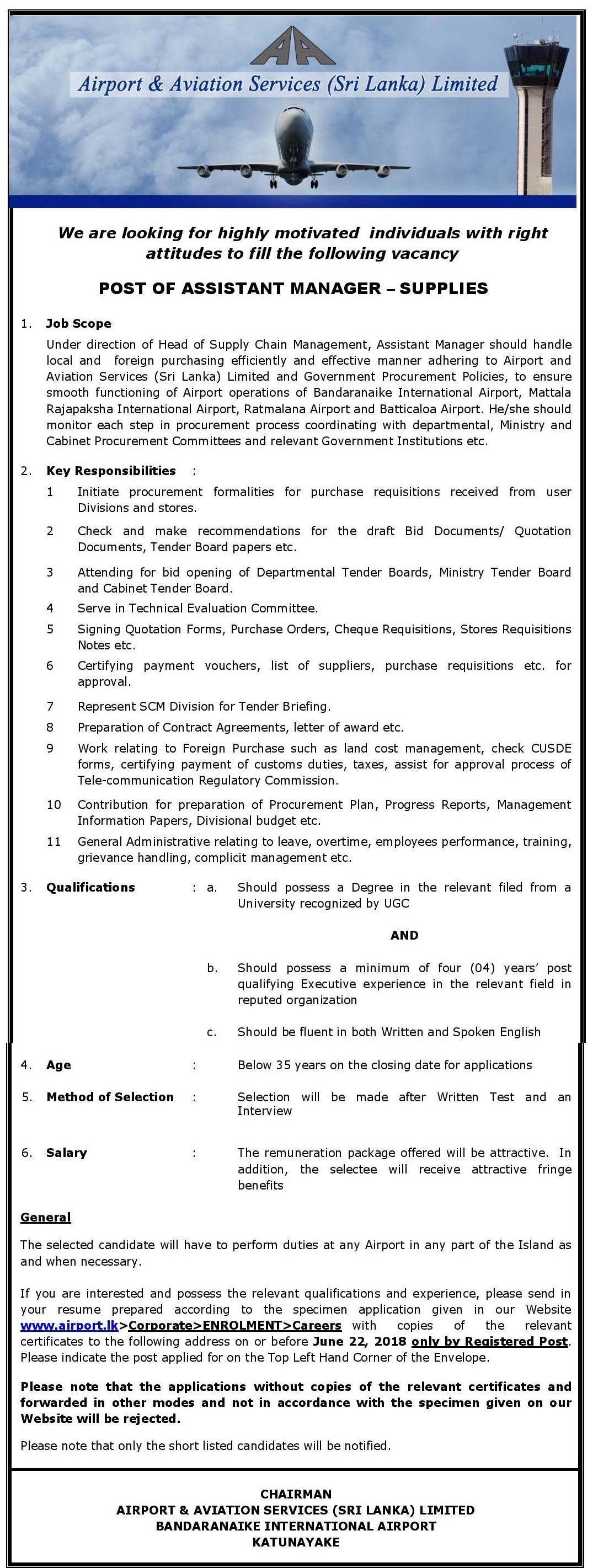 Assistant Manager (Supplies) - Airport & Aviation Services Jobs Vacancies