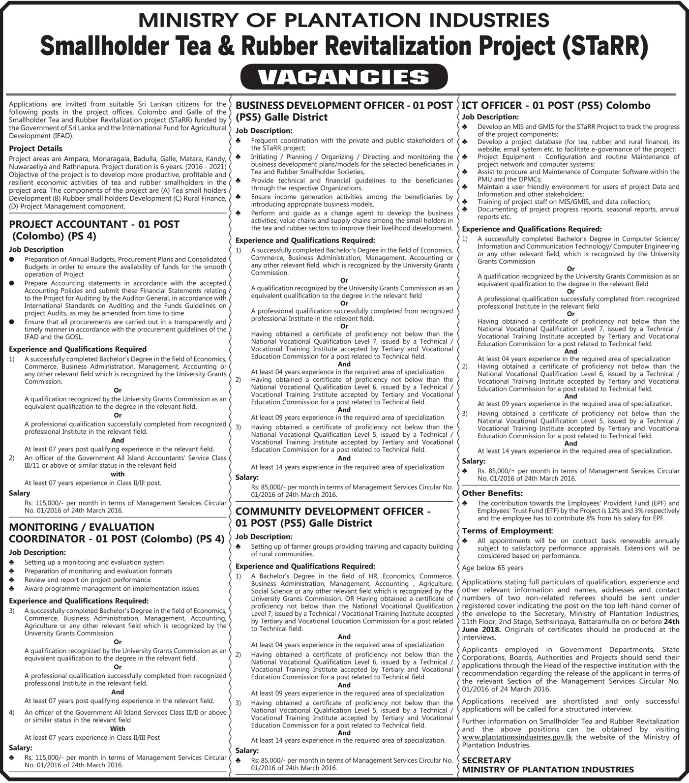 Ministry of Plantation Industries Project Accountant, Monitoring/Evaluation Coordinator, Business Development Officer, Community Development Officer, ICT Officer Jobs Vacancies