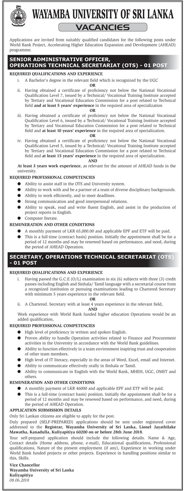 Senior Administrative Officer / Secretary - Wayamba University Jobs Vacancies Application