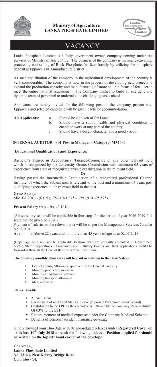 Internal Auditor Vacancy at Lanka Phosphate Ltd Jobs Vacancies