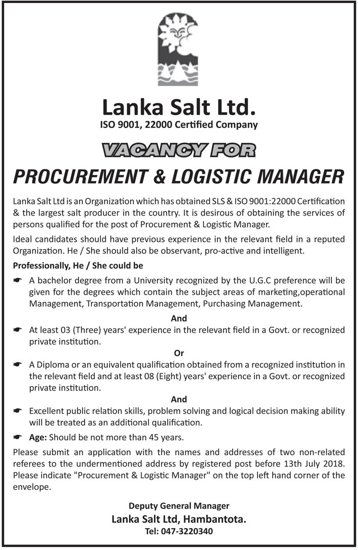 Procurement & Service Delivery Manager - Lanka Salt Limited Jobs Vacancies