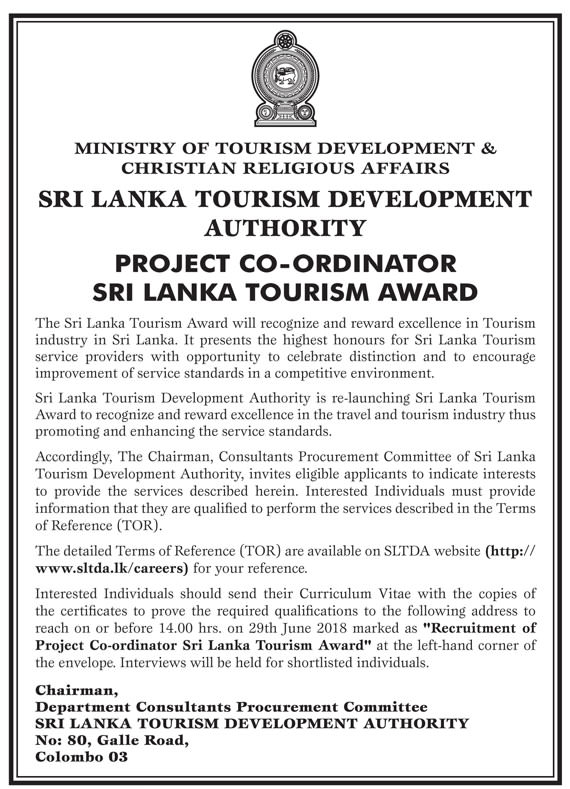 Project Coordinator - Sri Lanka Tourism Development Authority Jobs Vacancies