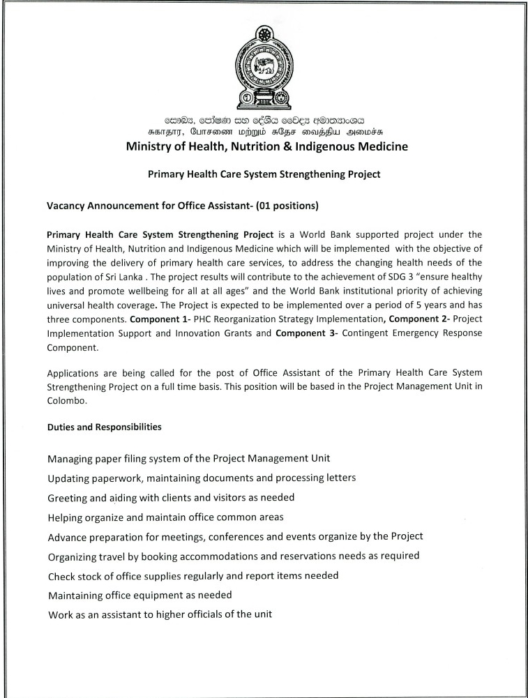 Office Assistant - Ministry of Health Nutrition & Indigenous Medicine Jobs Vacancies Application
