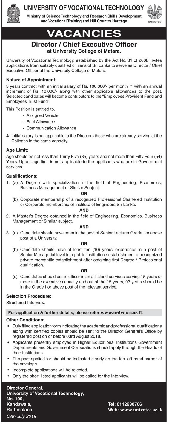 Director / Chief Executive Officer - University of Vocational Technology Jobs Vacancies