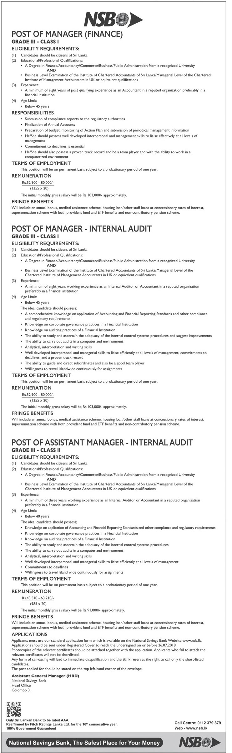 Manager (Finance Internal Audit) / Assistant Manager (Internal Audit) – National Savings Bank Jobs Vacancies