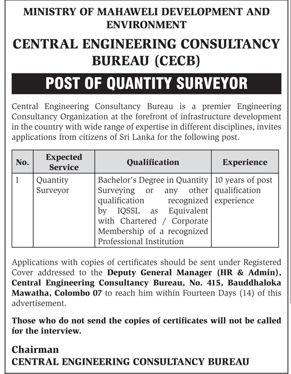 Quantity Surveyor - Central Engineering Consultancy Bureau Jobs Vacancies
