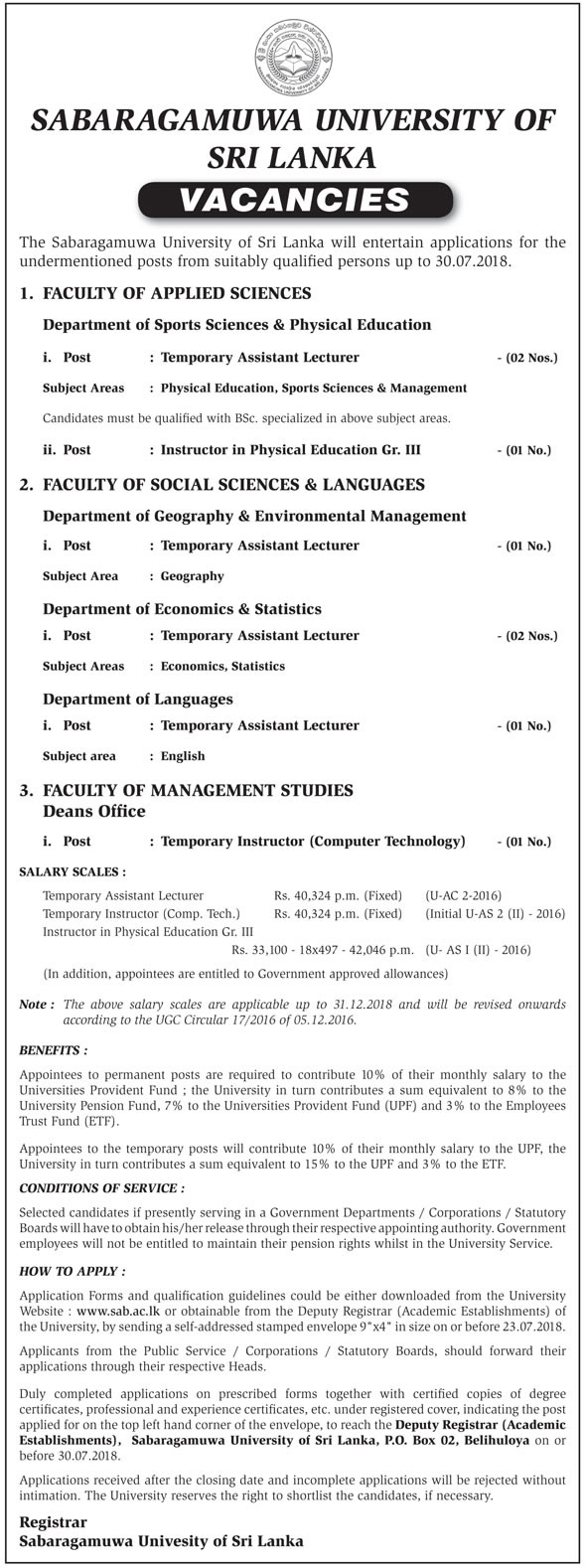 Temporary Assistant Lecturer / Instructors - Sabaragamuwa University Jobs Vacancies