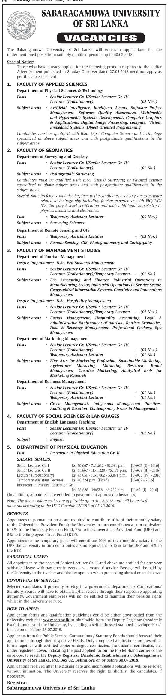 Senior Lecturer / Temporary Assistant Lecturer - Sabaragamuwa University Jobs Vacancies