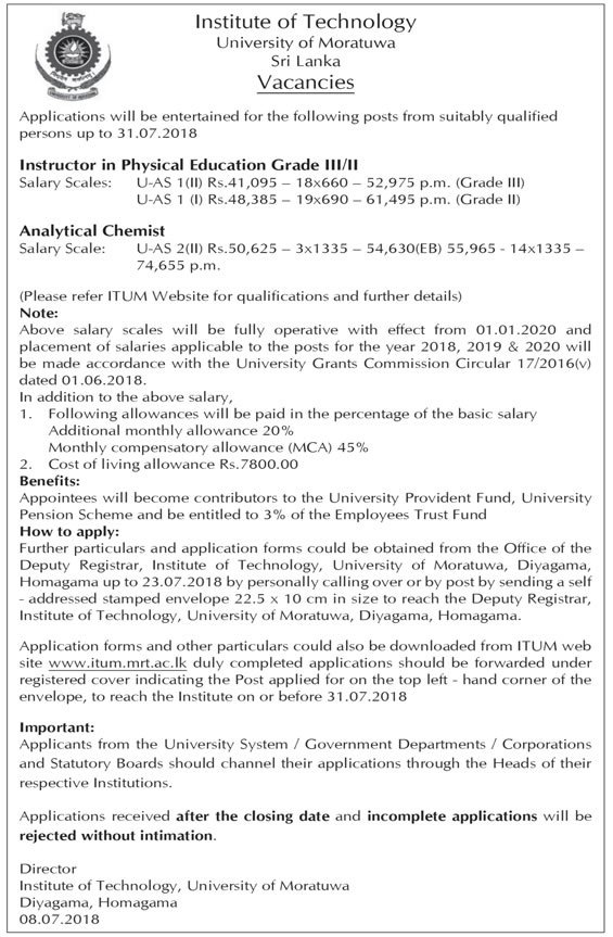 Instructor in Physical Education / Analytical Chemist - University of Moratuwa Jobs Vacancies