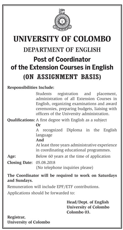 Coordinator Vacancy at University of Colombo Jobs Vacancies