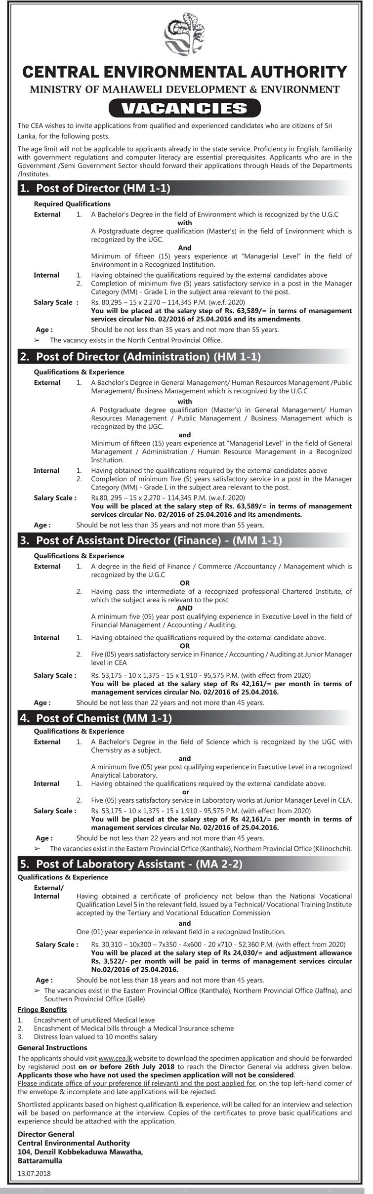 Director / Assistant Director / Chemist / Laboratory Assistant - Central Environmental Authority Jobs Vacancies