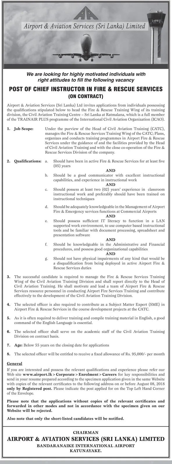 Chief Inspector in Fire & Rescue Services - Airport & Aviation Services Jobs Vacancies