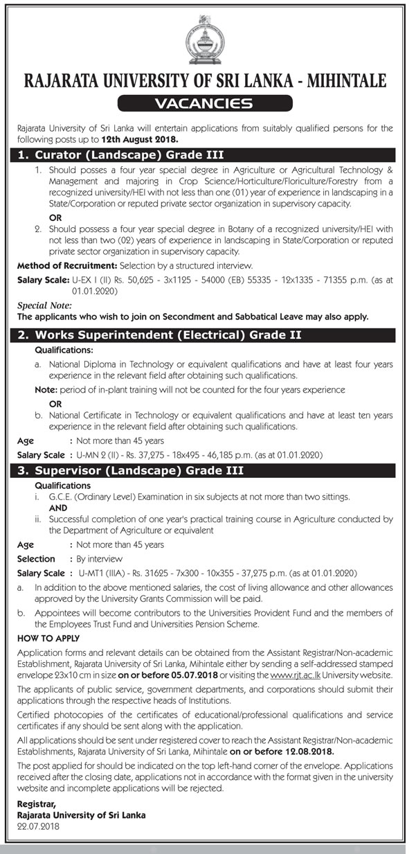 Curator (Landscape) / Works Superintendent (Electrical) / Supervisor (Landscape) - Rajarata University Jobs Vacancies
