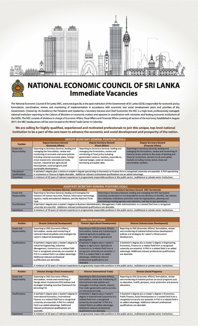 National Economic Council of Sri Lanka Deputy Secretary General, Assistant Secretary General, Director, Chief Financial Officer, Manager Jobs Vacancies