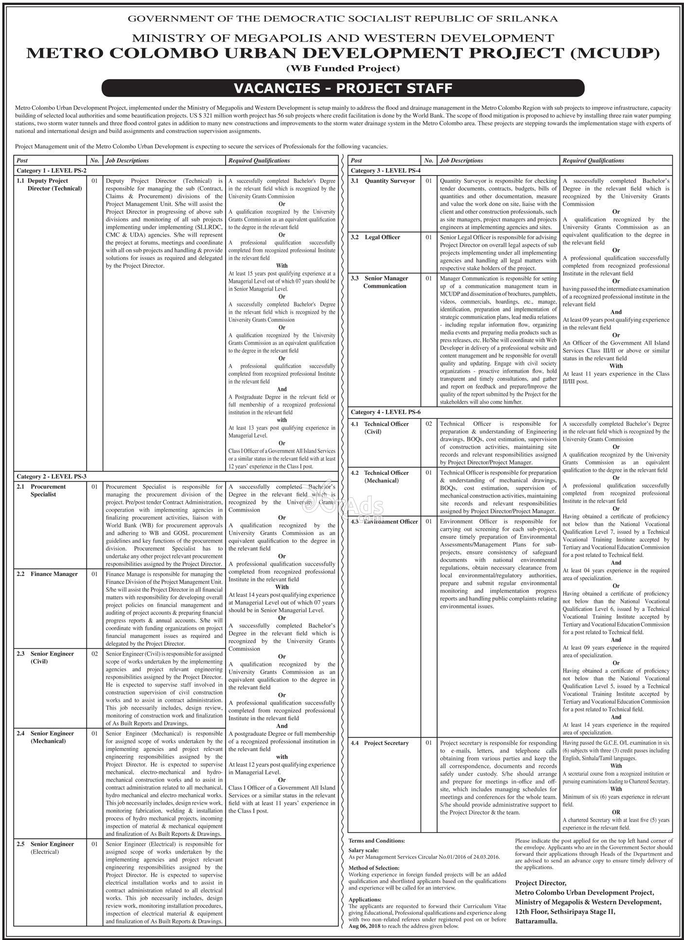 Technical Officer / Environment Officer / Project Secretary - Ministry of Megapolis Jobs Vacancies