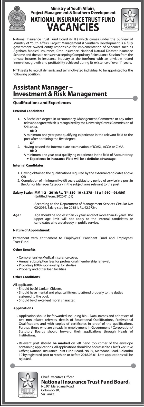 Assistant Manager (Investment & Risk Management) - National Insurance Trust Fund Board Jobs Vacancies