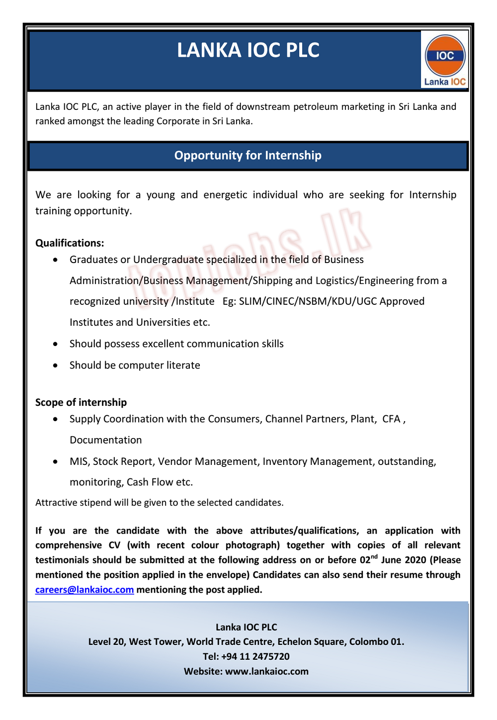 Internship Jobs Vacancies Opportunities - Lanka IOC Jobs Vacancies