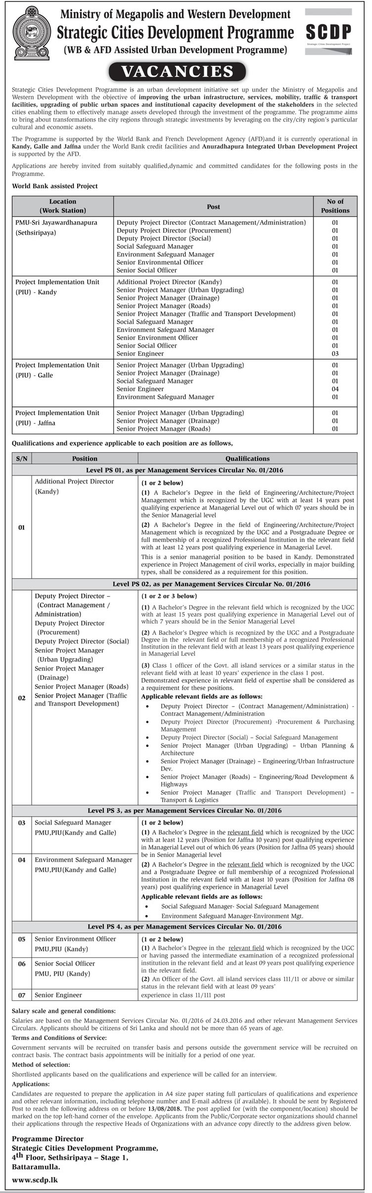 Environment Officer / Social Officer / Additional Project Director / Project Manager / Engineer - Ministry of Megapolis Jobs Vacancies