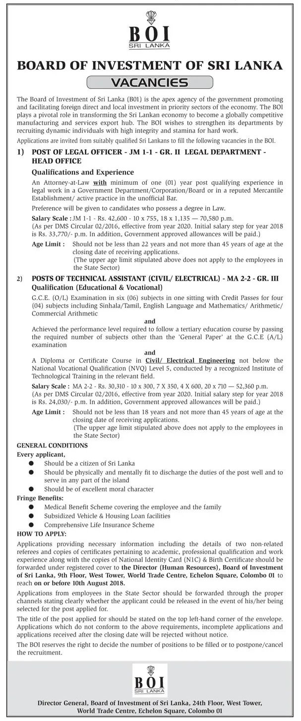 Legal Officer / Technical Assistant (Civil/Electrical) - Board of Investment of Sri Lanka Jobs Vacancies