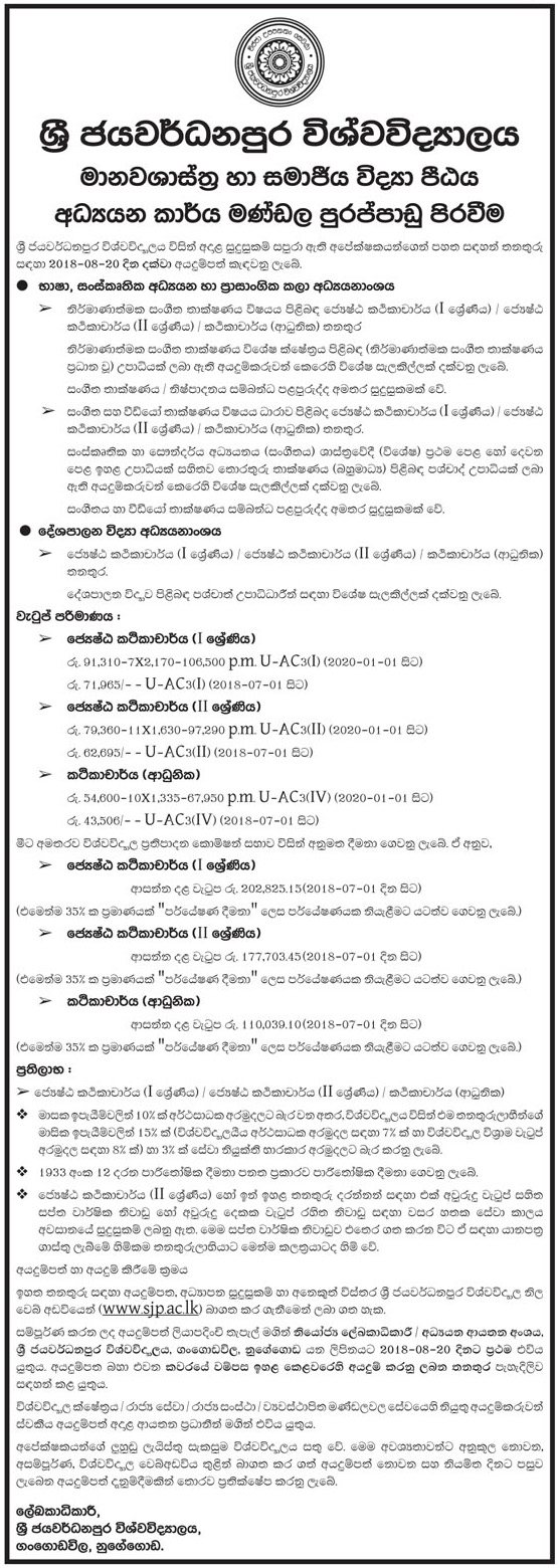 Senior Lecturer / Lecturer Vacancy Opening - University of Sri Jayewardenepura Jobs Vacancies
