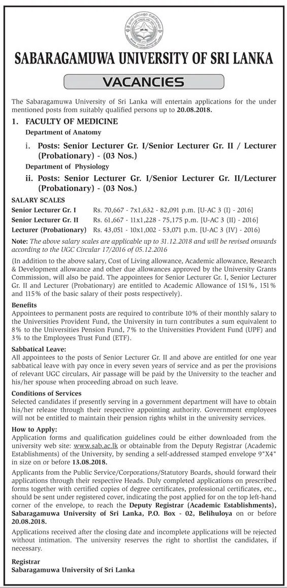 Senior Lecturer / Lecturer Vacancy Opening - Sabaragamuwa University Jobs Vacancies Details
