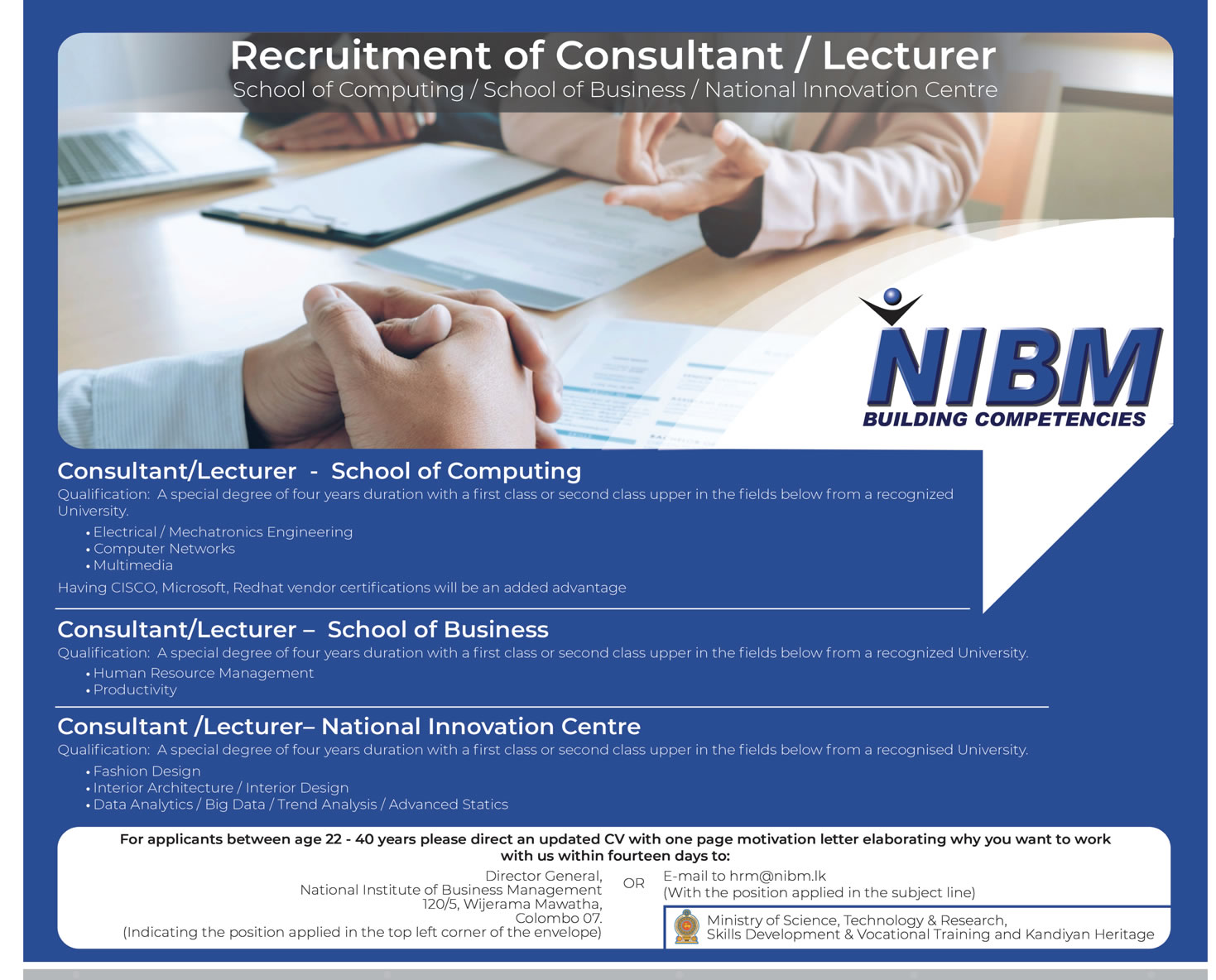 Consultant / Lecturer - National Institute of Business Management (NIBM) Jobs Vacancies