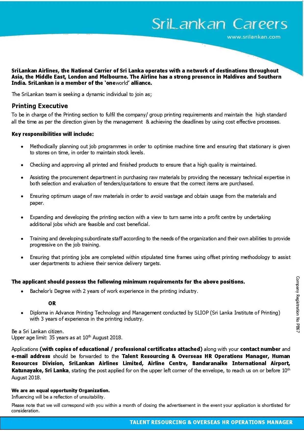 Printing Executive Jobs Vacancies - Sri Lanka Airlines Jobs Vacancies Details