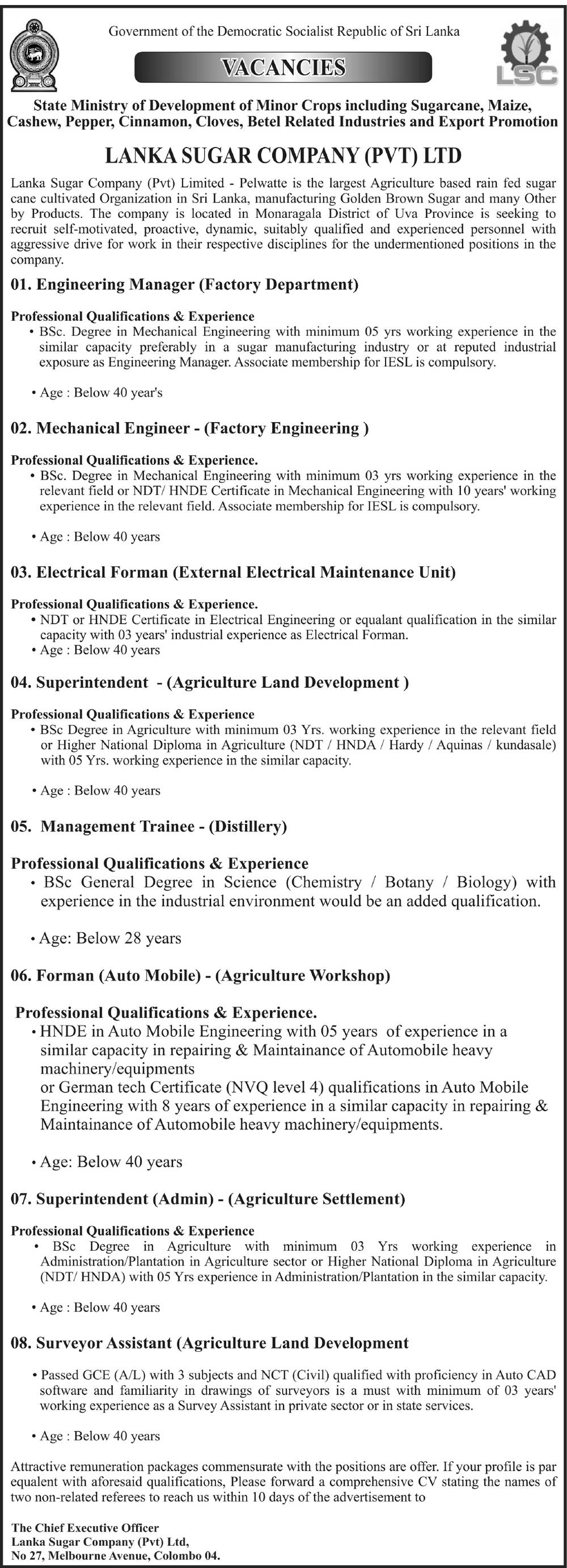 Vacancies in Lanka Sugar Company (Pvt) Ltd Details in English