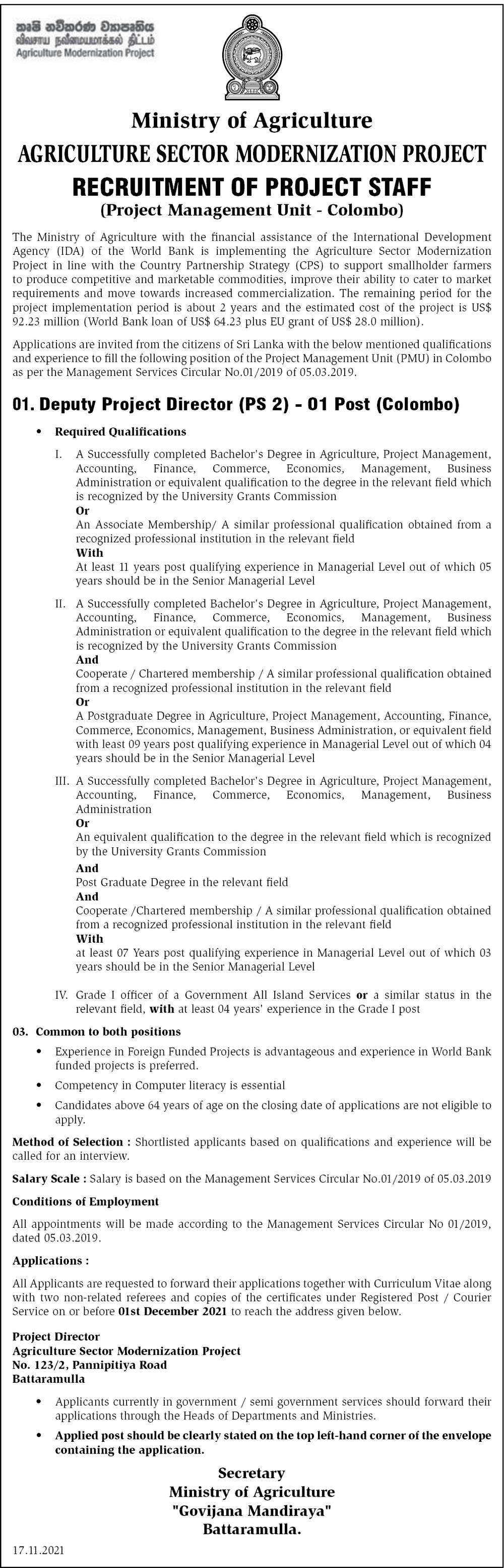 Deputy Project Director - Ministry of Agriculture English