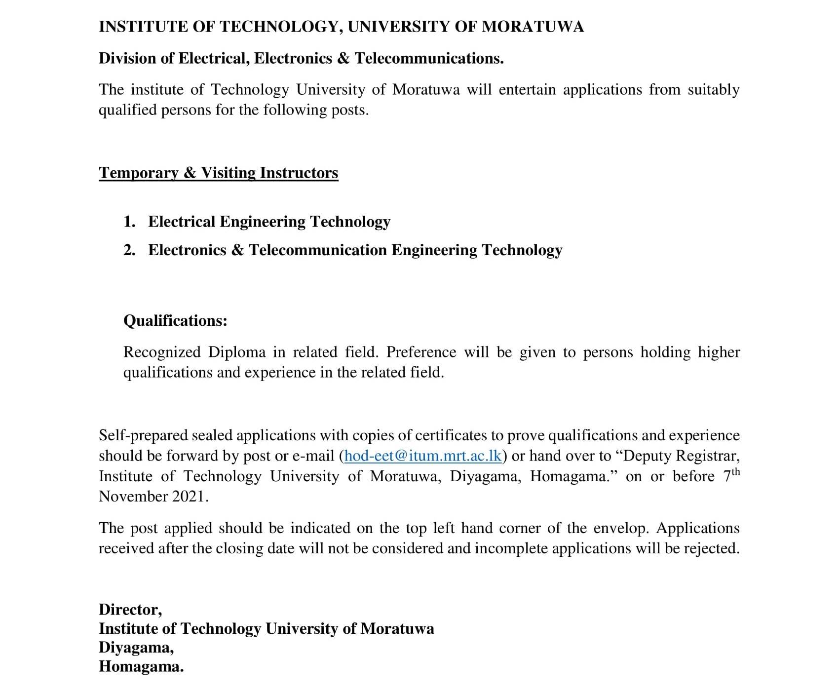 Temporary & Visiting Instructor - Institute of Technology - University of Moratuwa