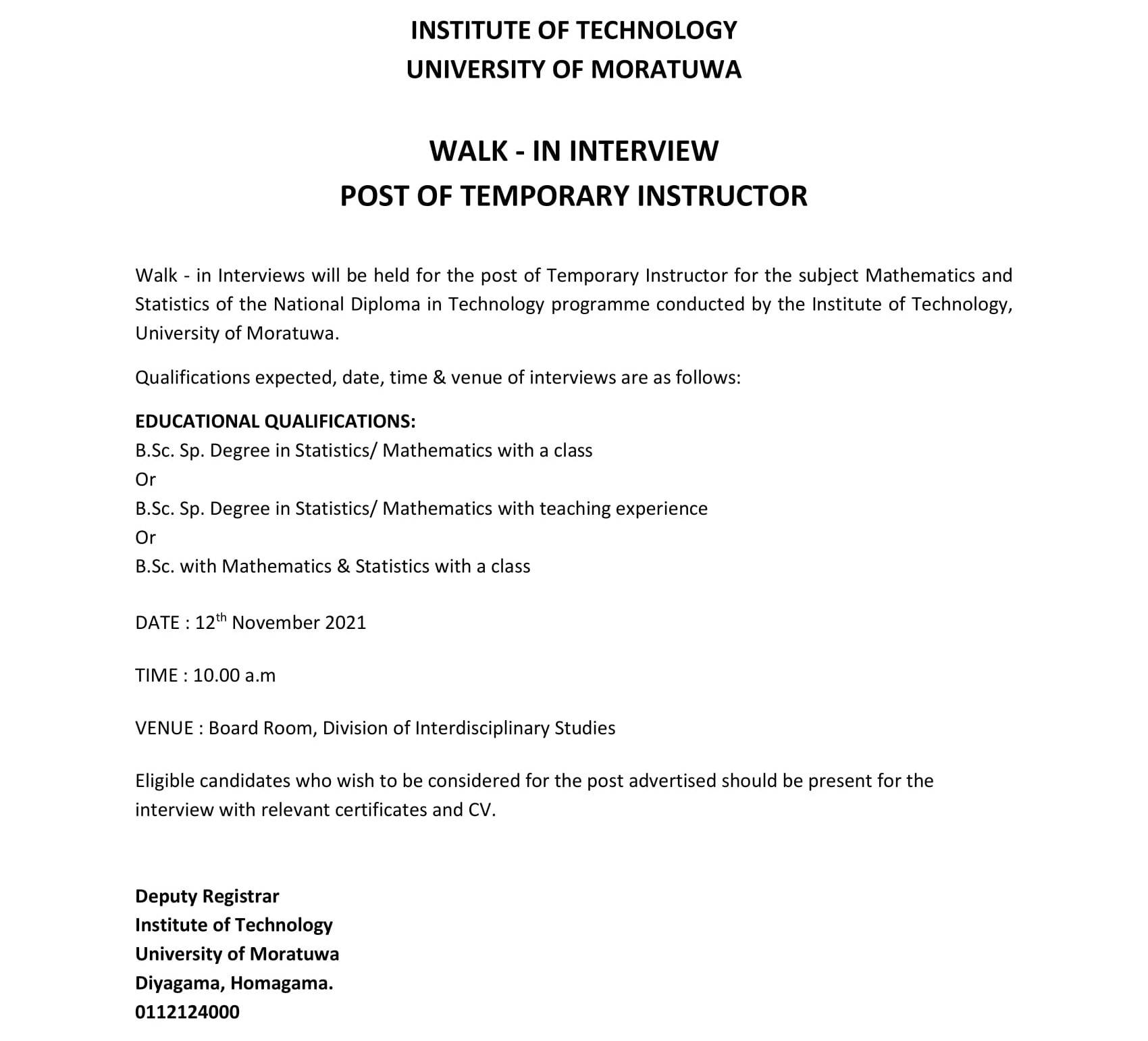 Temporary Instructor - Institute of Technology - University of Moratuwa