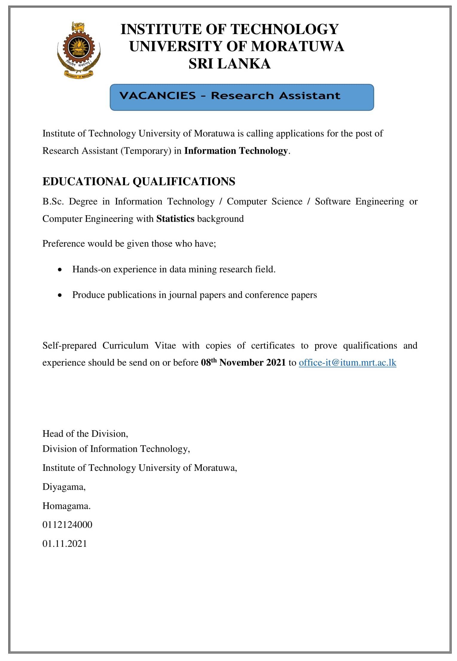 Research Assistant - Institute of Technology - University of Moratuwa