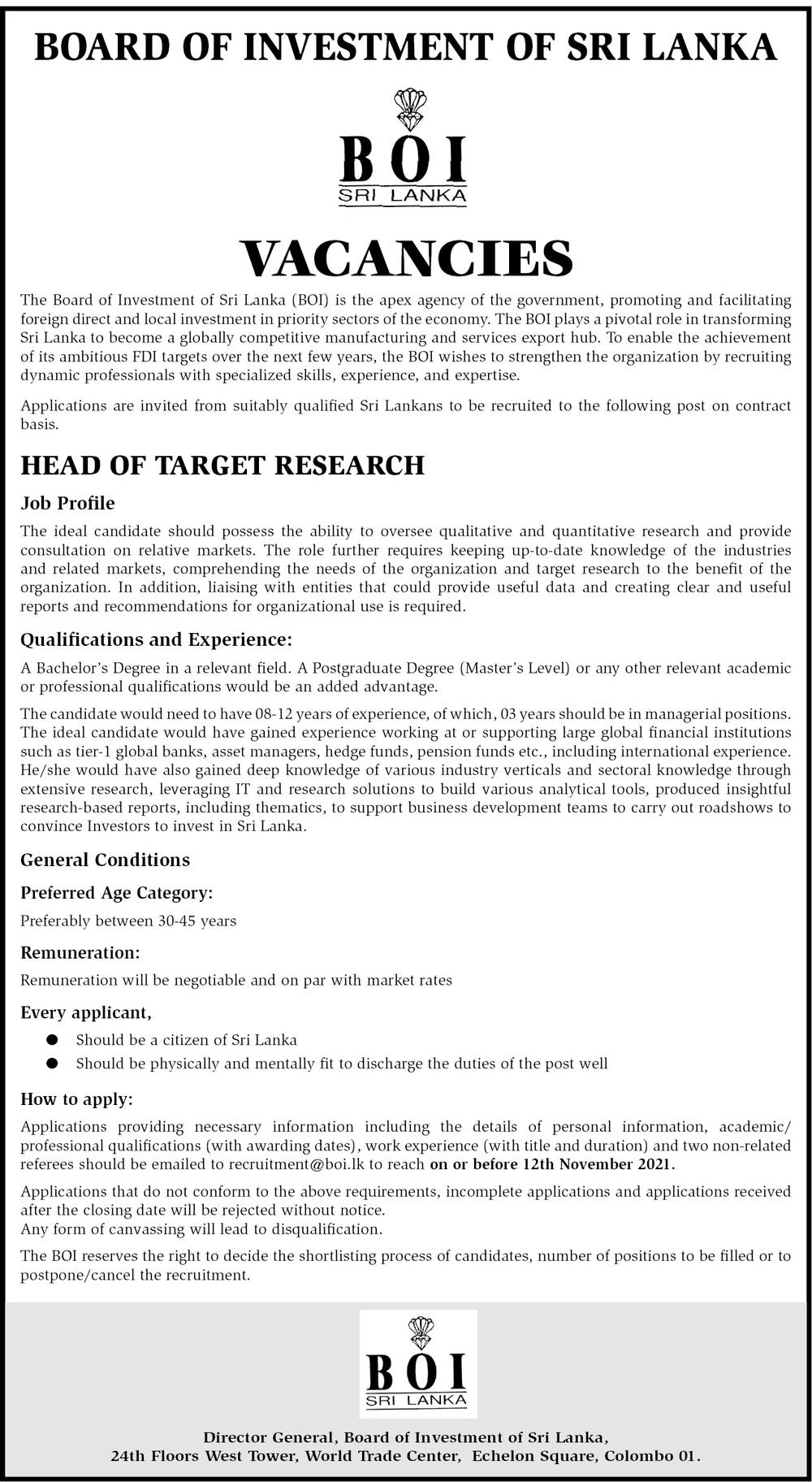 Head of Target Research - Board of Investment of Sri Lanka Jobs Vacancies Careers