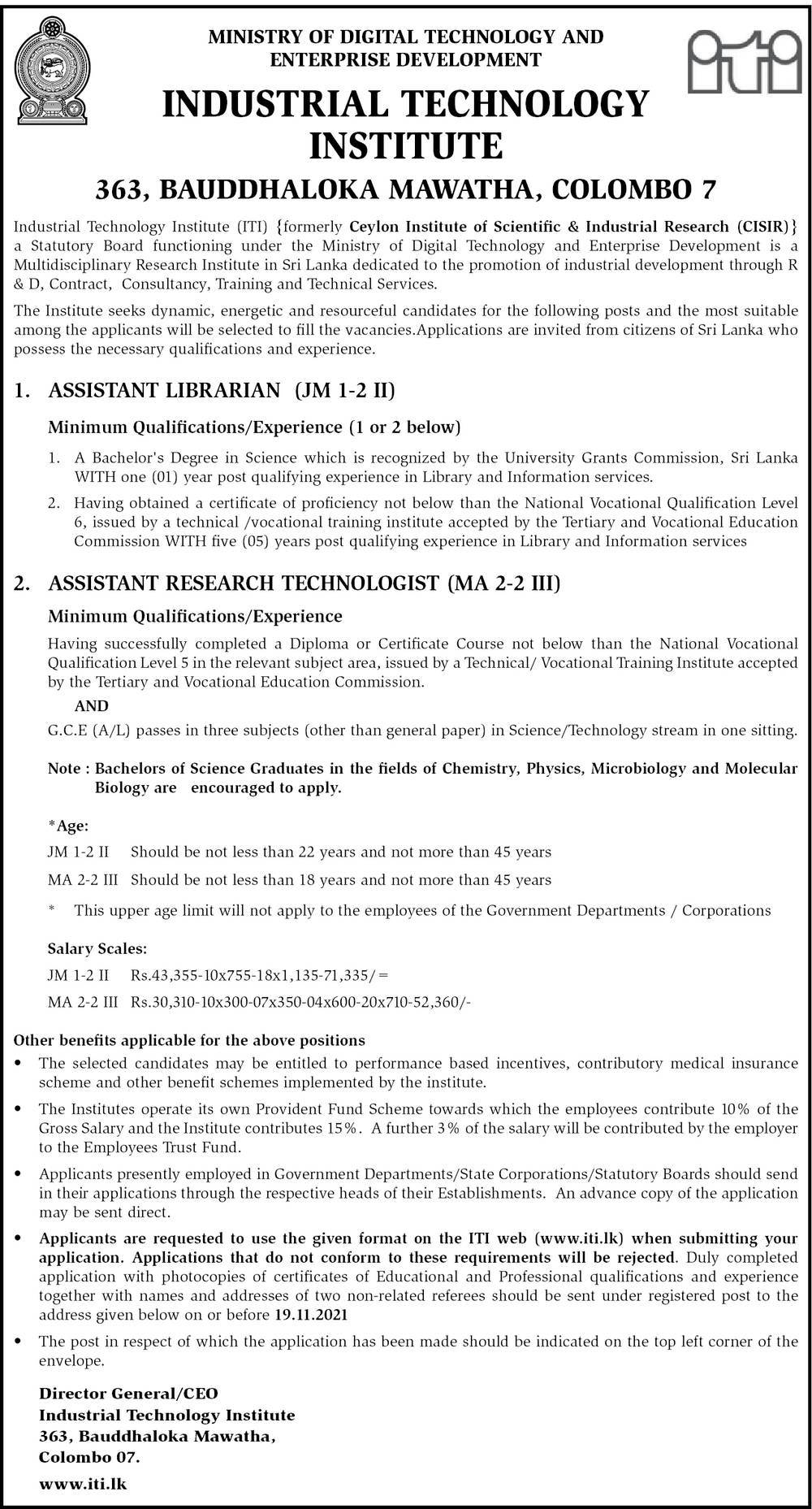 Assistant Librarian, Assistant Research Technologist - Industrial Technology Institute Jobs Vacancies Applications Forms Downloads in PDF