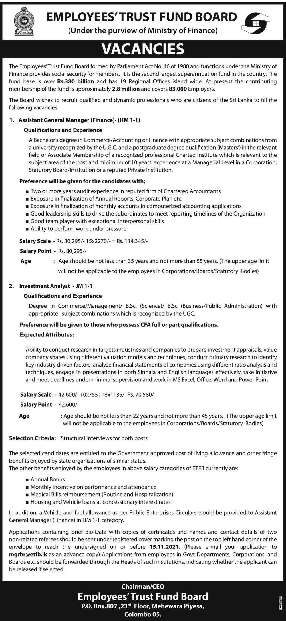 Assistant General Manager, Investment Analyst - Employees’ Trust Fund Board Jobs Vacancies