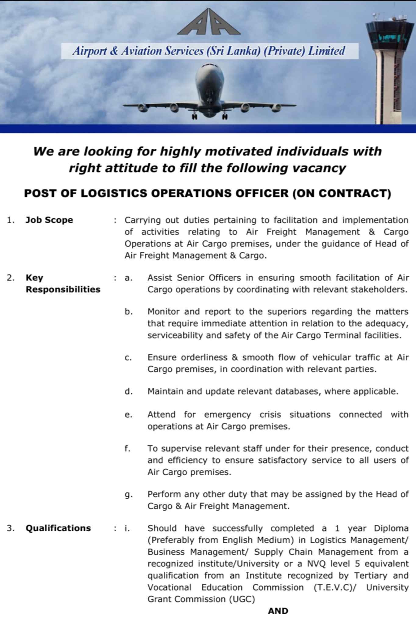 Logistics Operations Officer Jobs in Airport & Aviation Services Sri Lanka