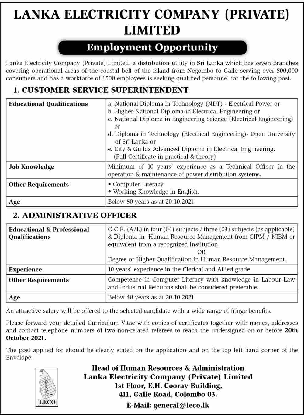 Customer Service Superintendent, Administrative Officer Lanka Electricity Company English