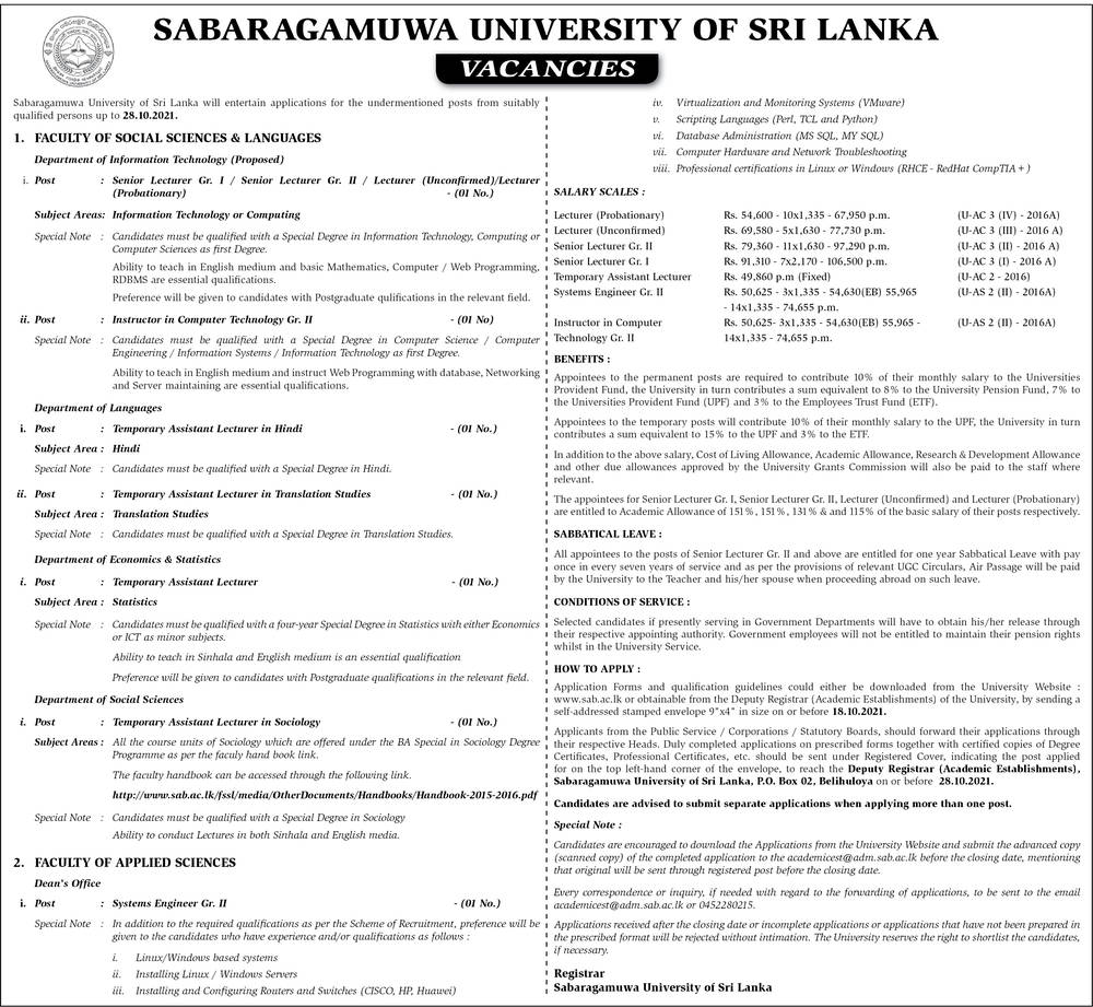 Senior Lecturer, Lecturer, Assistant Lecturer, System Engineer, Instructor - Sabaragamuwa University of Sri Lanka
