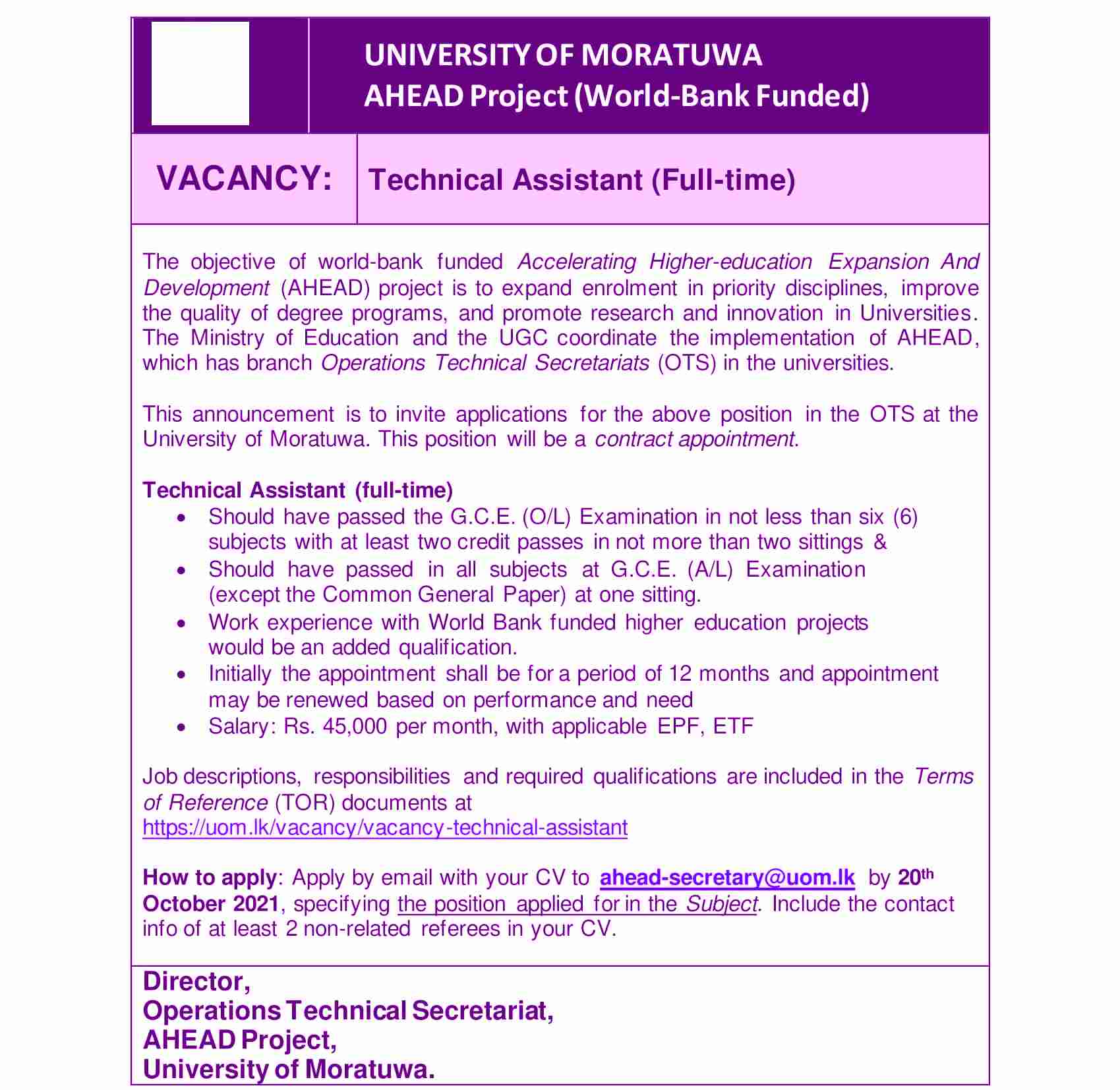 Technical Assistant Job Vacancy in University of Moratuwa English