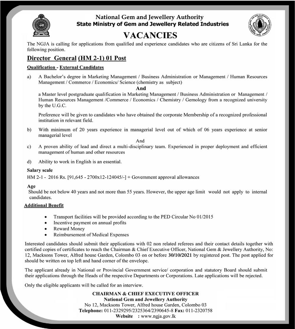 Director General Job in National Gem & Jewellery Authority English