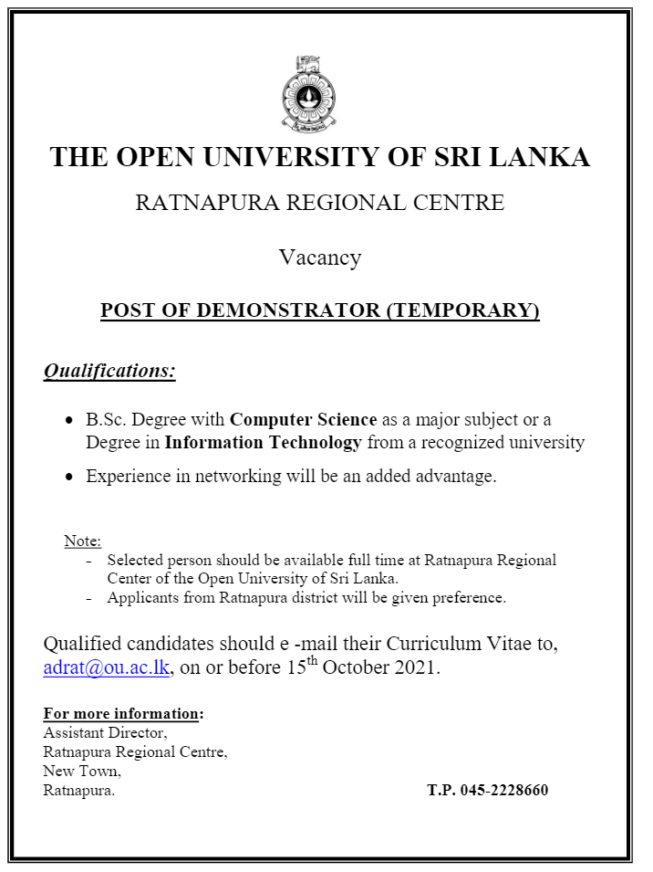 Demonstrator Jobs in The Open University of Sri Lanka