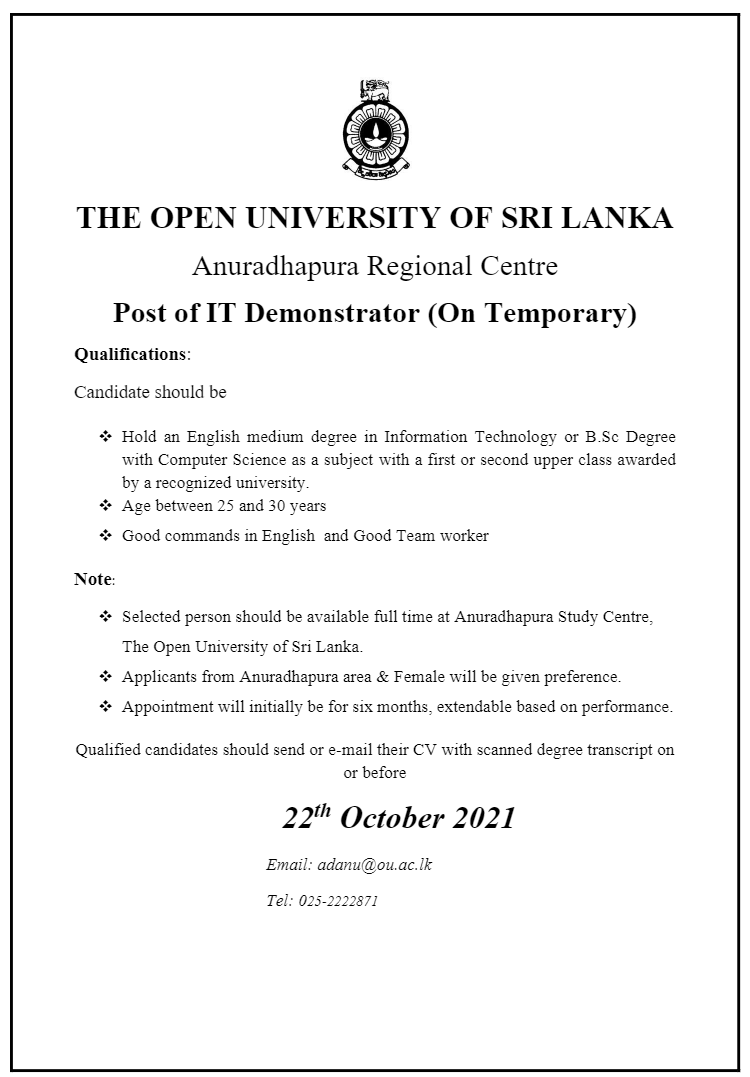 Project Assistant, Demonstrator Jobs The Open University of Sri Lanka